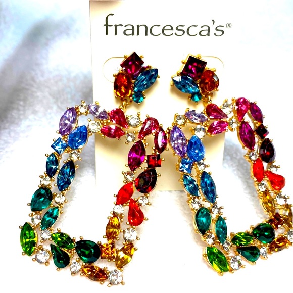 Francesca’s Earrings chandeliers Gemstone CZ 2.5” PIERCED Bling solid BNIB NEW - Picture 2 of 3